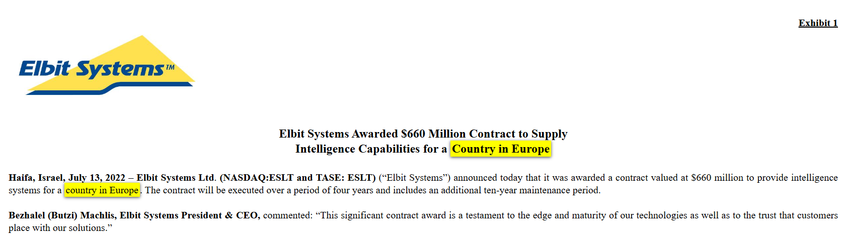 Country in Europe - Elbit Systems